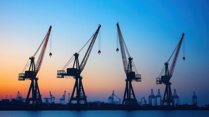 Obraz premium Container ship silhouette of industrial cranes concept. Silhouetted Harbor Cranes Forming a Symmetrical Industrial Skyline at Sunset