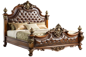 Regal Rest: A luxurious, ornate bed crafted with intricate details, evoking opulence and comfort. The rich, dark wood and tufted headboard create a statement of refined elegance for a bedroom.