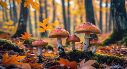 Autumn forest scene showcasing vibrant leaves and colorful mushrooms surrounded by enchanting fall foliage and soft woodland light.