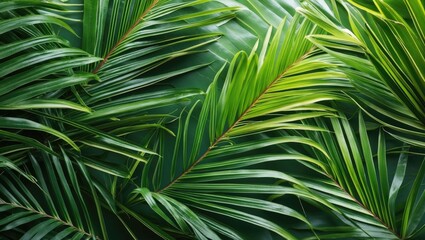 Fototapeta premium Lush green abstract background featuring detailed textures of tropical palm leaves arranged in a natural composition.
