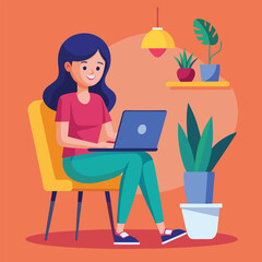 a girl is using his laptop vector	
