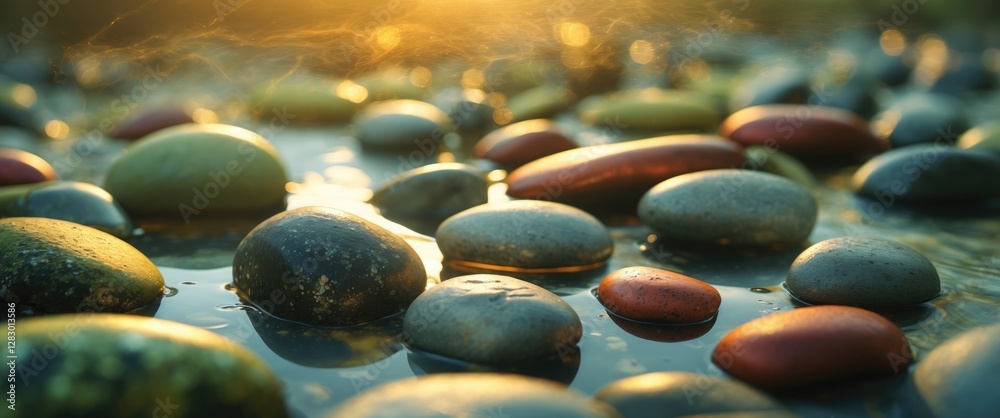 Poster smooth river pebbles illuminated by soft sunlight creating a tranquil natural background for texture