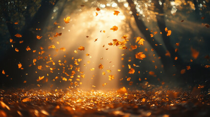 Naklejka premium Fall background of golden leaves drifting through the air in a dense woodland under soft sunlight