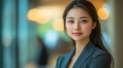 Fototapeta premium successful young asian businesswoman in a stylish office working confidently and happily embracing career achievement, business growth, and professional development
