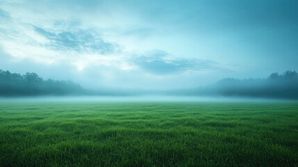 Obraz premium Nature background of a calm meadow with soft morning fog rolling over lush green grass