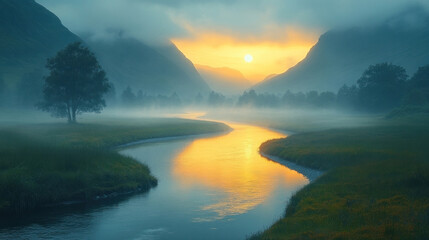Nature background of a misty valley with a winding river reflecting the early morning sun