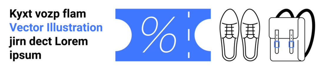 Blue discount coupon highlighting savings, paired with formal shoes and backpack for productivity and style. Ideal for retail, e-commerce, fashion, promotions, travel, workplace, minimalist abstract