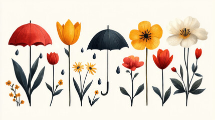 Spring icons in a minimalist style featuring symbols like raindrops, umbrellas, and tulips