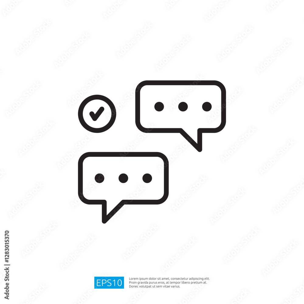 Poster communication icon featuring speech bubbles and checkmark for message exchange and confirmation in d