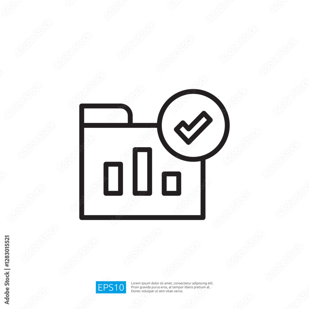 Poster checkmark icon on folder representing successful data analysis and report approval in business manag