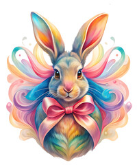 Naklejka premium Easter Water Color Bunny Png, Rainbow Bunny with Bow – Vibrant Easter Illustration. Colorful Fantasy Rabbit Art – Stunning Digital Easter Design. Perfect for all print Items
