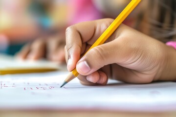 Close-up of child's hand writing with pencil on paper