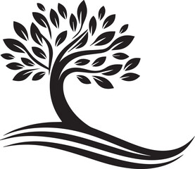 Tree Silhouette with Curved Branches and Leaves