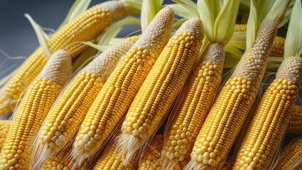 Freshly harvested ears of yellow corn arranged closely showcasing their kernels and husks in natural lighting.