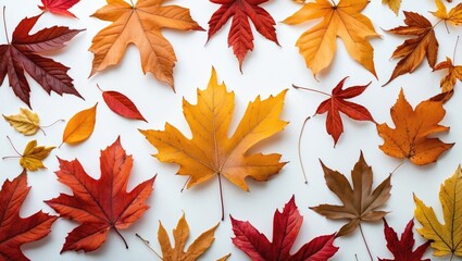 Fototapeta premium Autumn leaves arrangement on white background highlighting vibrant fall colors with ample space for text or design elements.