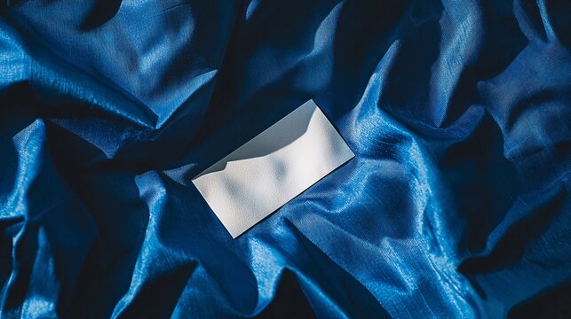 elegant white business card on blue fabric background