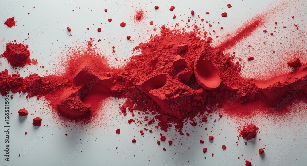 Poster red powder spread on a white surface with scattered particles and smooth scoops creating an abstract