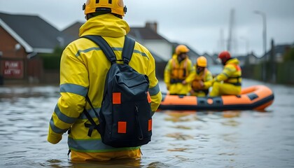 Swift Response: Rescue Team in Yellow Jackets Braving Floodwaters with Boats