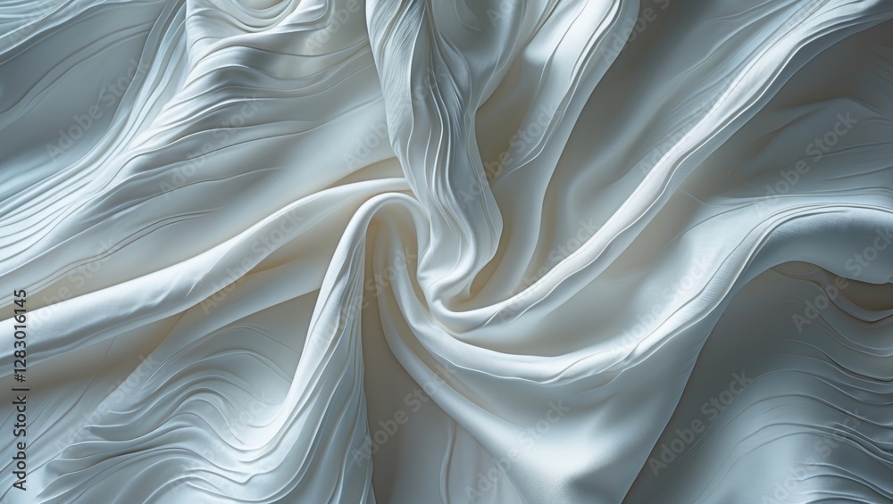 Poster textured flowing silk fabric in soft white with elegant folds and waves creating a dynamic visual pa
