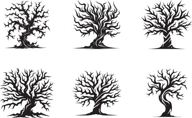 set of trees Intricate Twisted Tree Silhouette Design