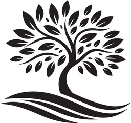 Tree Silhouette with Curved Branches and Leaves