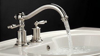 a modern chrome faucet with crystal-clear water flowing into a white ceramic sink, set against a soft pastel black background