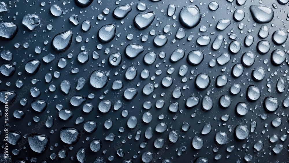 Poster water droplets on dark surface with reflections and varying sizes creating a textured background pat