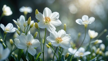 White flowering plants with green leaves in a natural setting illuminated by soft sunlight during daytime.