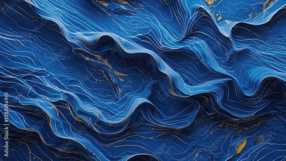 Leinwandbilder Abstract blue wave patterns with golden highlights creating a textured layered surface in a digital art style.