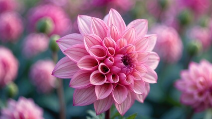 Obraz premium Pink dahlia flower with layered petals and intricate design surrounded by greenery in a garden setting