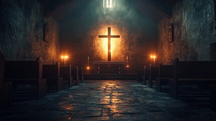 A cross illuminated by the soft glow of candlelight inside a small chapel, with dim lighting creating a spiritual and reverent atmosphere.
