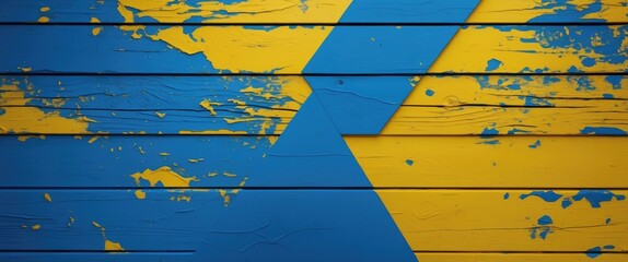 Blue and yellow weathered wooden planks with abstract geometric shape design in a distressed texture background