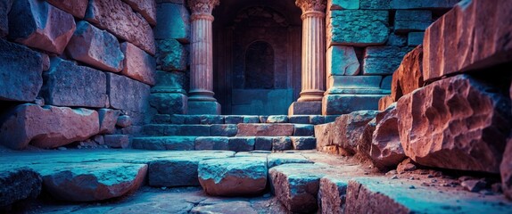 Ancient stone ruins with columns and weathered steps illuminated by soft light in a historic archaeological site