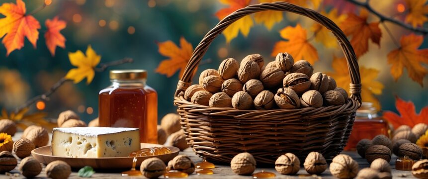 Autumn still life arrangement with walnuts, honey jars, and cheese on wooden table surrounded by colorful leaves and warm bokeh background