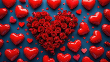 Red roses arranged in heart shape surrounded by red heart-shaped balloons on blue background for romantic themes