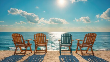 Fototapeta premium Tranquil Beach Scene with Colorful Chairs Overlooking Calm Ocean Water Under Bright Sunny Sky with Copy Space for Text