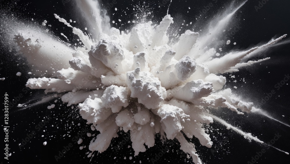 Poster white powder explosion on a black background creating a dynamic and dramatic visual effect with text