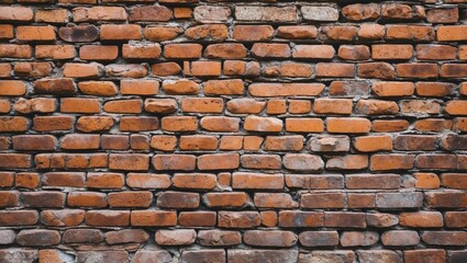 Fototapeta premium Red brick wall texture with irregularly shaped bricks and visible mortar, suitable for background or architectural design use.
