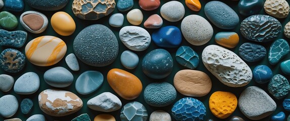 Assorted colorful pebbles background showcasing diverse shapes and textures ideal for nature-inspired designs and earthy aesthetics.