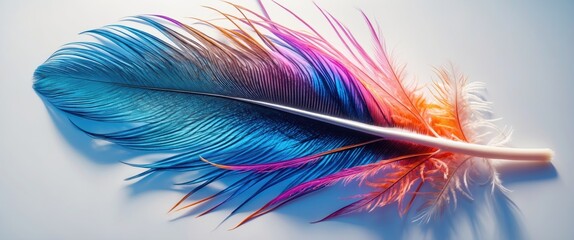 Fototapeta premium vibrant colorful feather on soft white background showcasing intricate details and beauty of nature's artistry