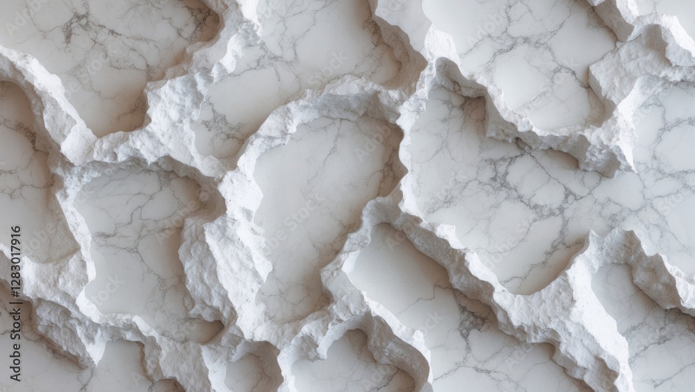 Poster textured white marble surface with a three-dimensional pattern and visible veins creating a modern a