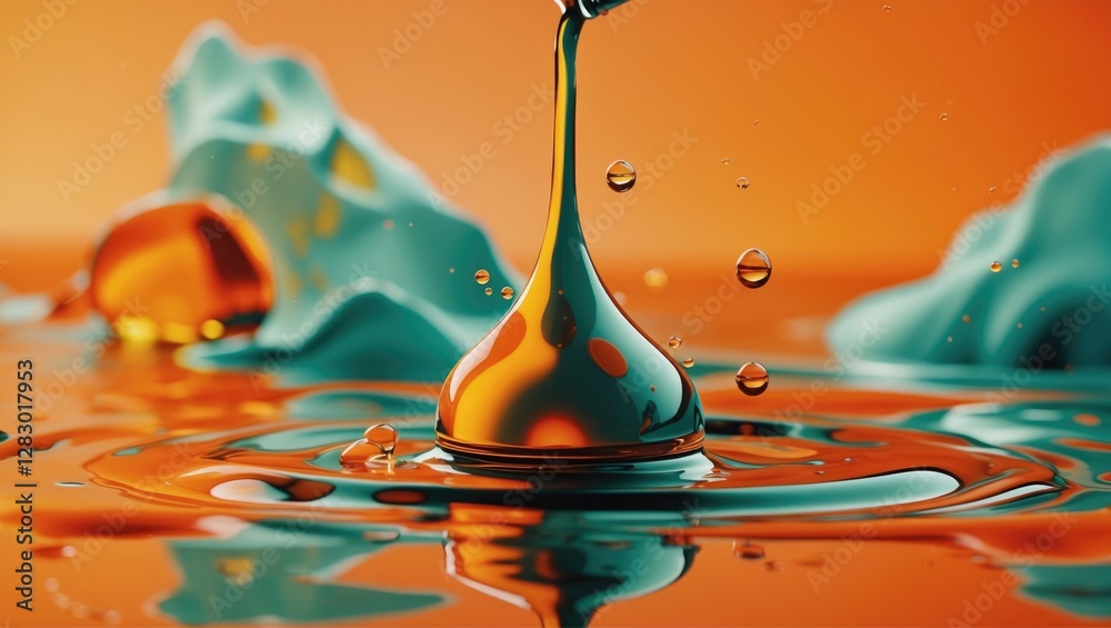 Poster liquid drop splashing into colorful water with abstract shapes in background creating vibrant textur