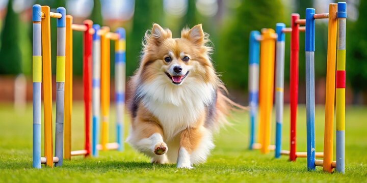 Adorable Mittelspitz dog confidently navigating slalom gates on an agility course with precision and poise, showcasing its athletic ability and playful spirit, slalom, mittelspitz