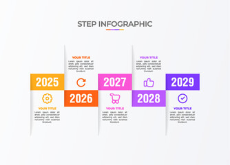 Infographic template. 5 Step timeline journey, Flat simple infographics design template. Presentation graph. Business concept with icon 5 options, years, and steps. Background vector illustration.