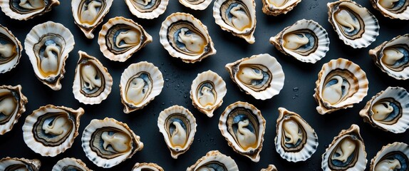 Artistic arrangement of empty oyster shells arranged on a dark background ideal for creative projects and culinary presentations.