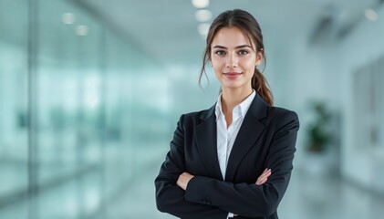 A confident, smiling businesswoman in a suit stands as a portrait of professional success