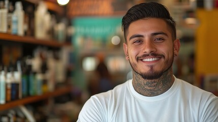 young latin american barber succeeding in personal grooming business as selfmade entrepreneur with trendy barbershop offering professional haircut and styling