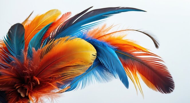 Vibrant composite of colorful bird feathers showcasing intricate textures against a clean white background for design and artistic use.
