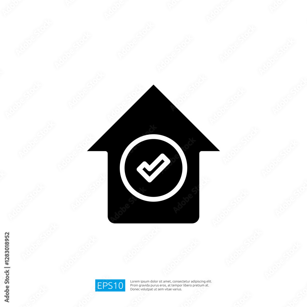 Poster house icon with checkmark symbol representing approval or verification of property status in real es
