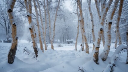 Birch trees standing in a snowy landscape with fog and soft light during winter season creating a peaceful natural scenery